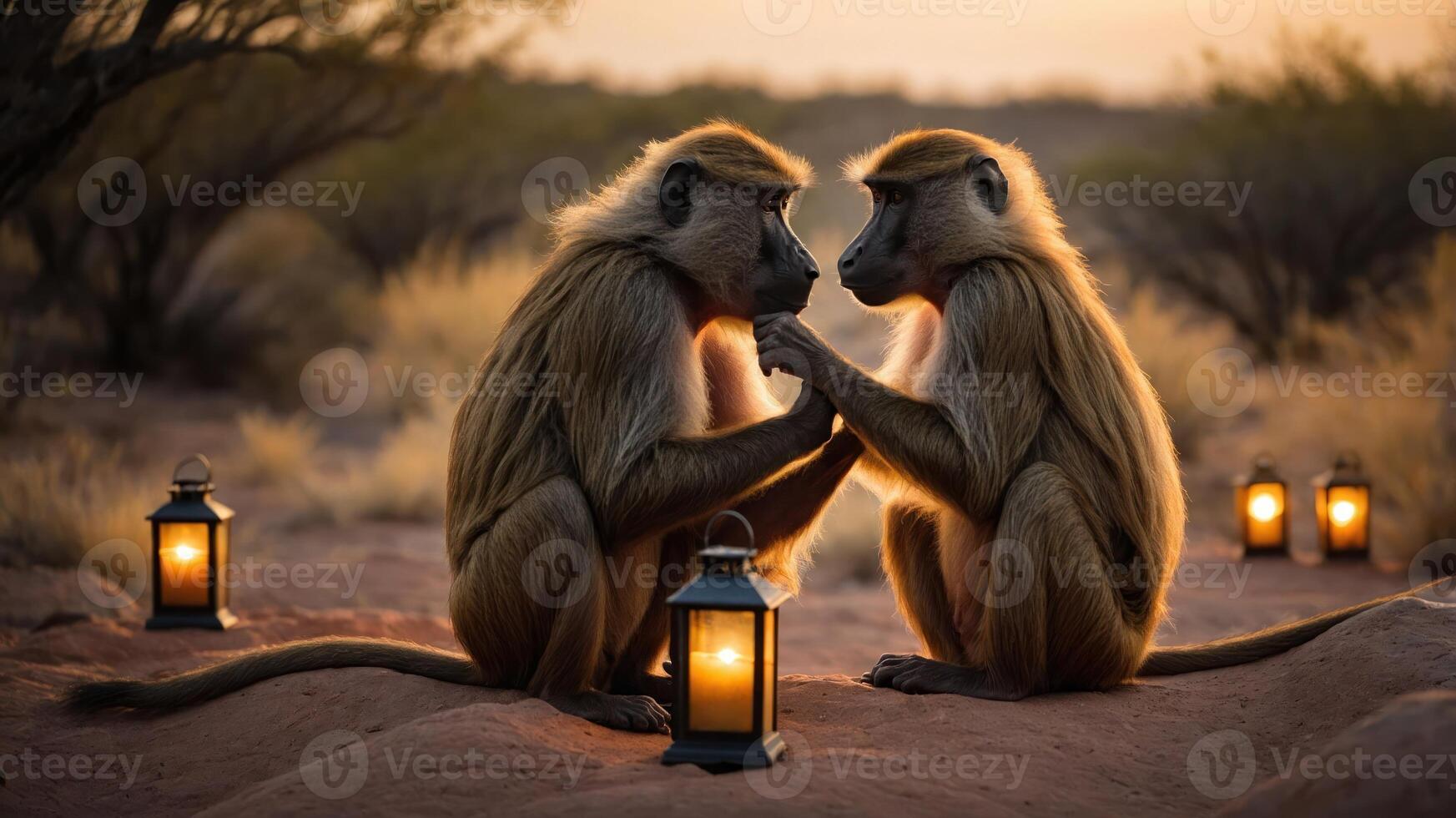 Two baboons sitting together at sunset, surrounded by glowing lanterns. photo