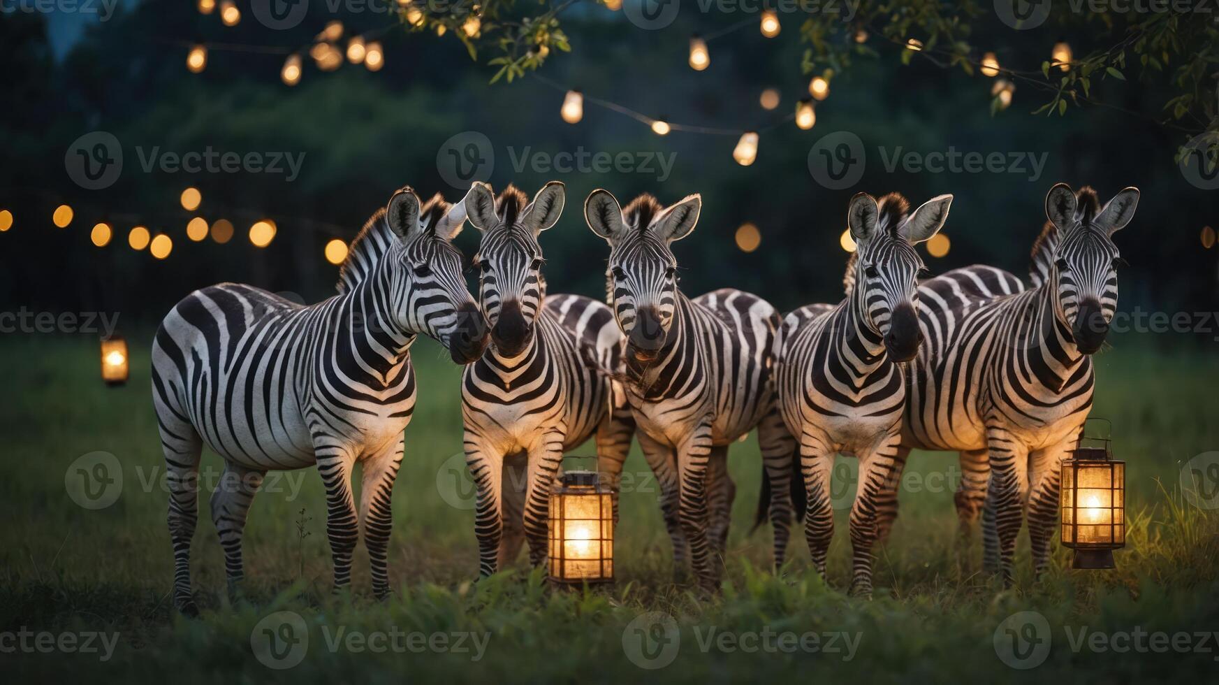 A group of zebras gathered in a field illuminated by lanterns and string lights at dusk. photo