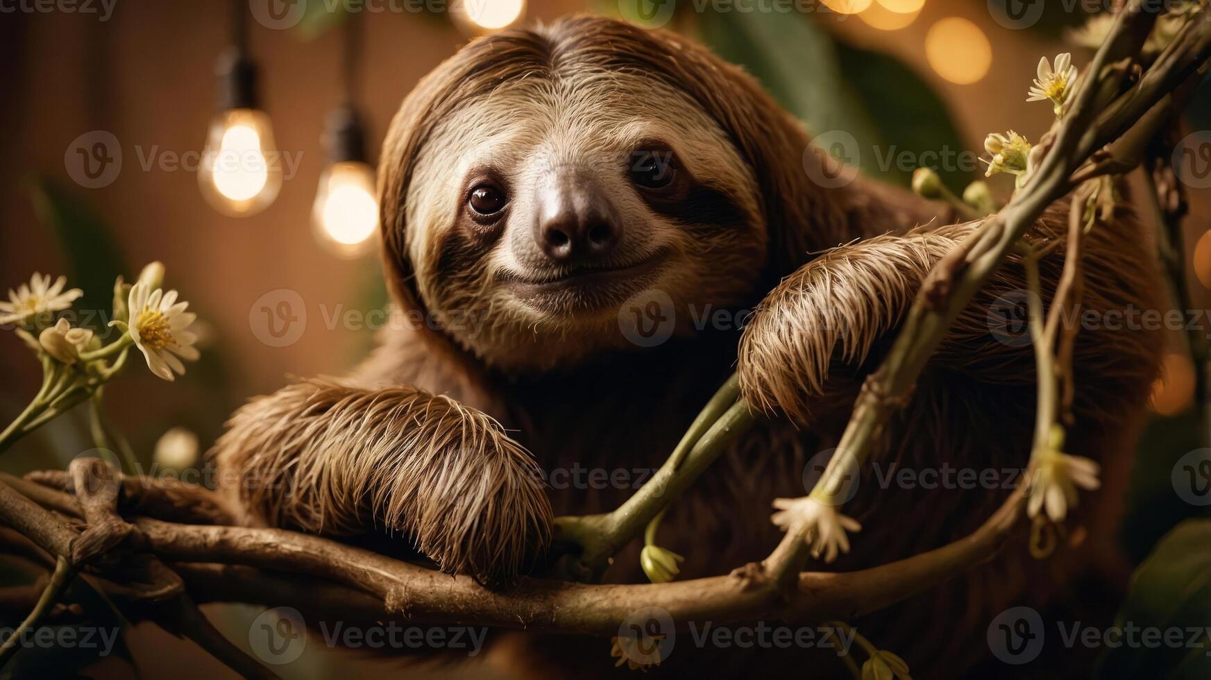 A smiling sloth resting on a branch surrounded by flowers and warm lights. photo