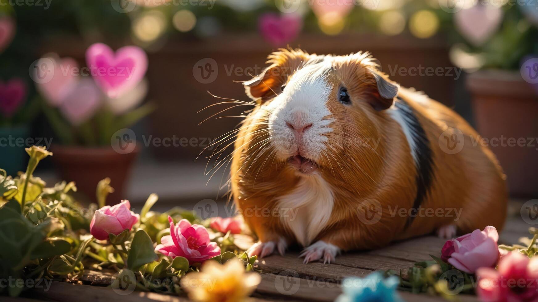 A cute guinea pig surrounded by colorful flowers in a warm, sunny setting. photo