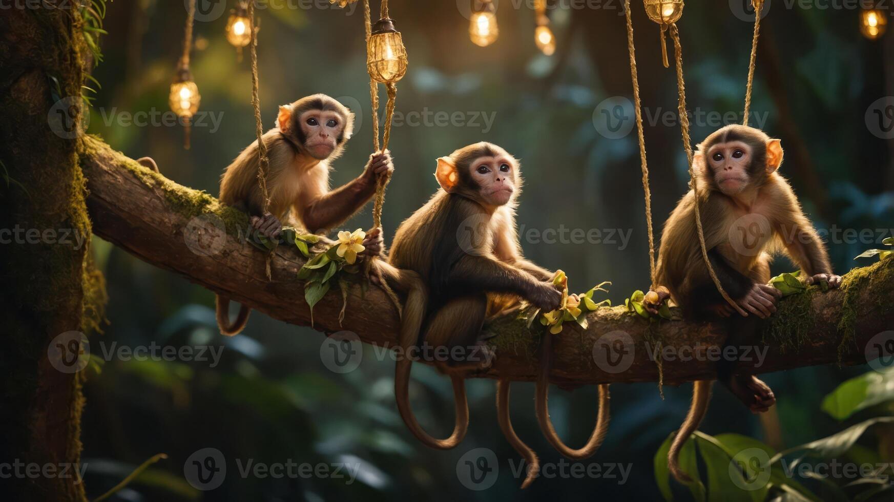 Three monkeys sitting on a branch in a lush jungle with hanging lights. photo