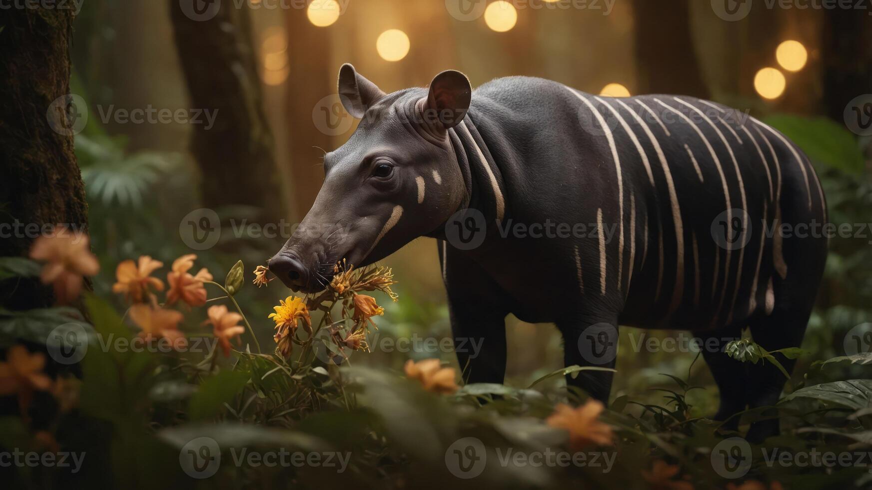A tapir foraging among vibrant flowers in a lush, mystical forest. photo