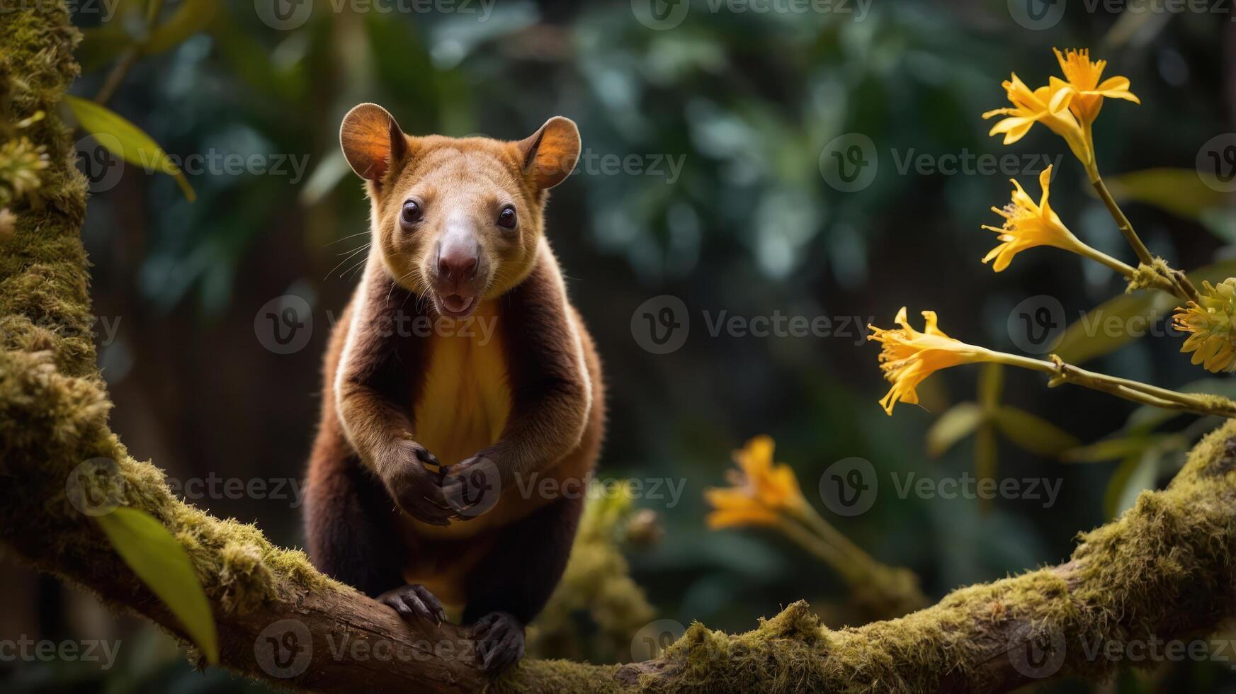 A marsupial perched on a branch surrounded by flowers in a lush environment. photo