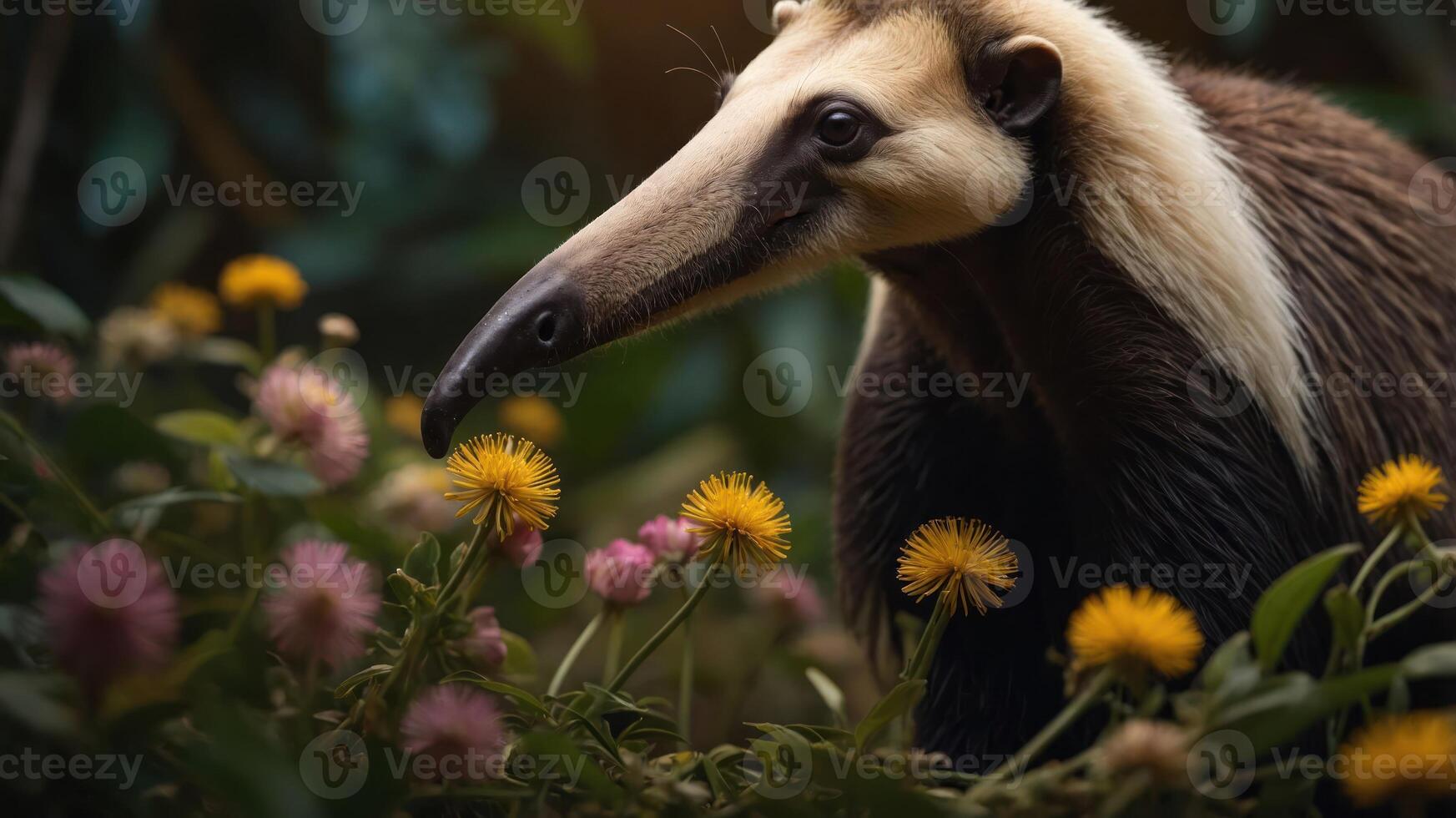 An anteater among colorful flowers in a lush environment. photo