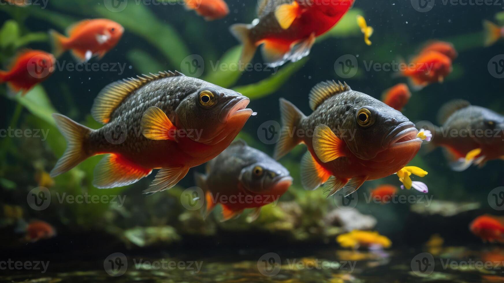 A vibrant underwater scene featuring colorful fish swimming among aquatic plants. photo