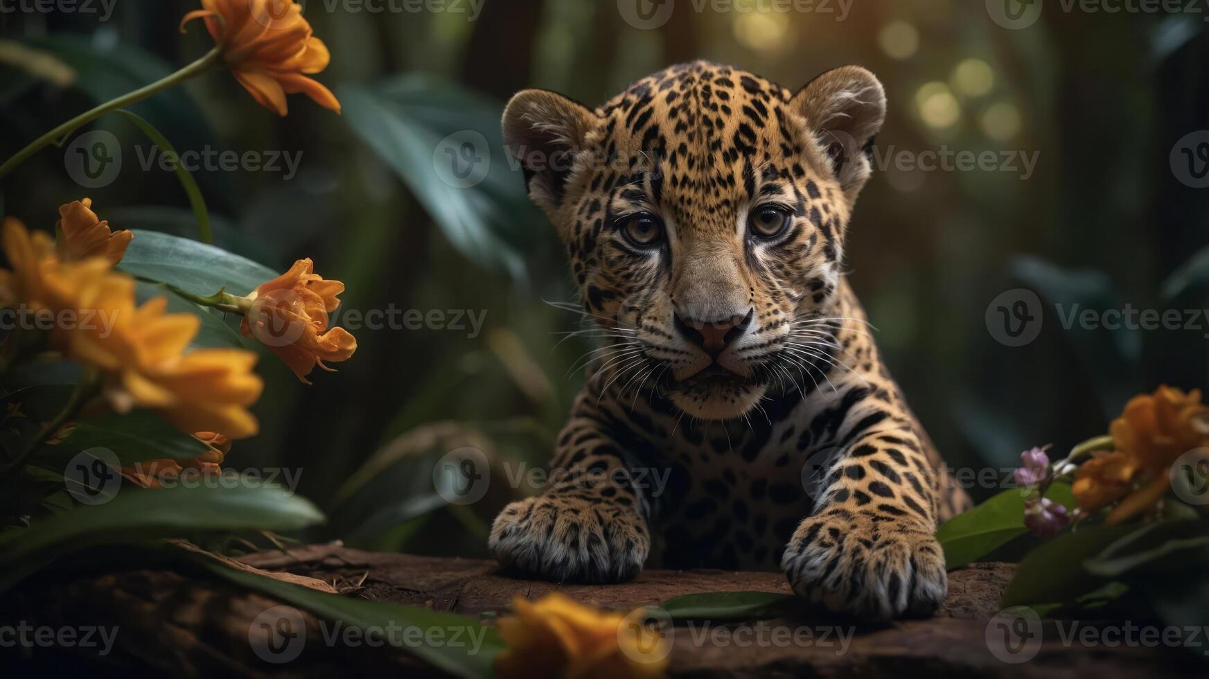 A close-up of a jaguar resting among vibrant flowers in a lush jungle setting. photo