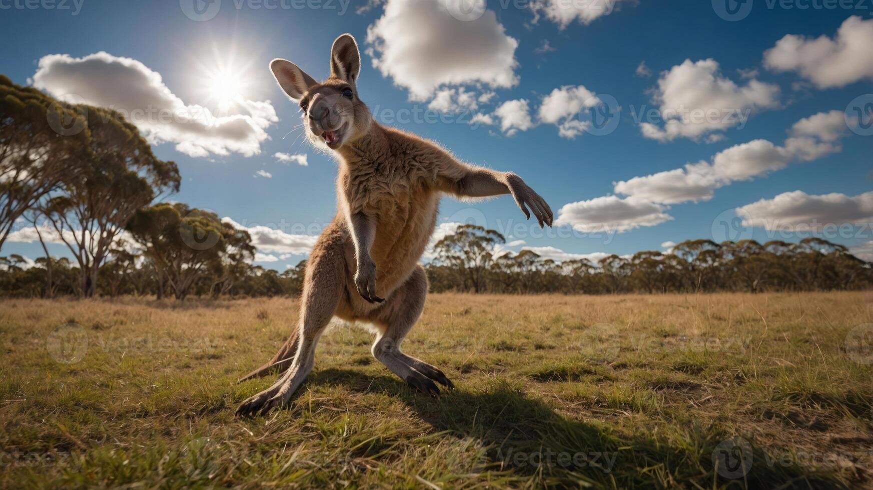 A kangaroo standing in a grassy field under a bright sky with clouds. photo