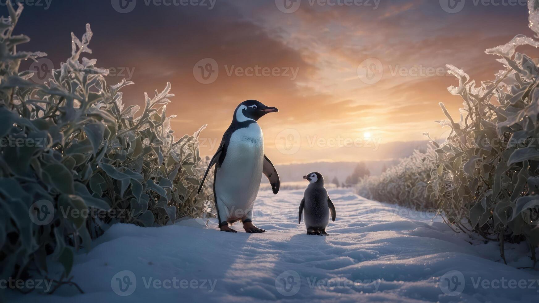 Two penguins stand on a snowy path during a beautiful sunrise. photo