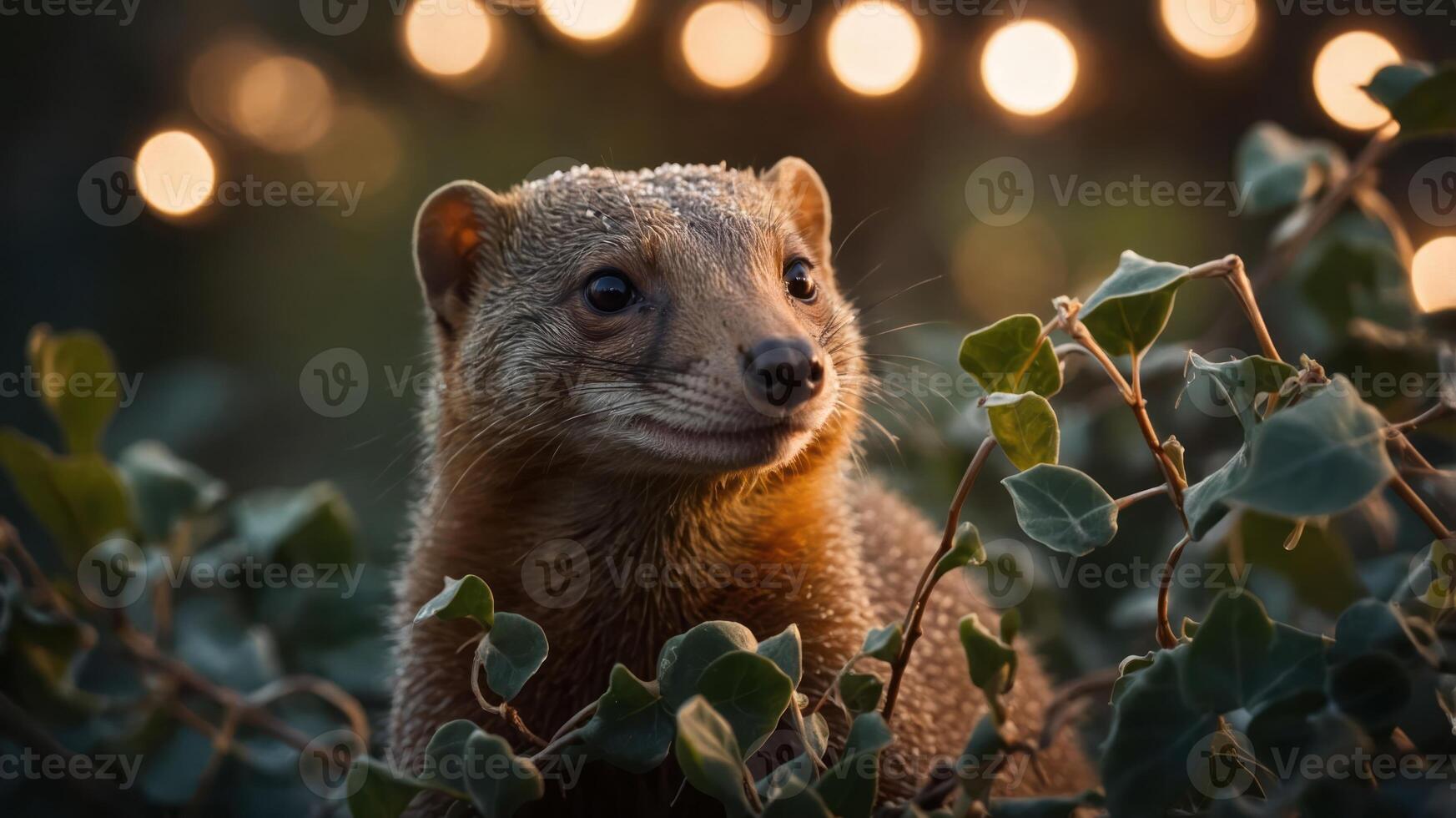 A close-up of a mongoose among greenery with soft lights in the background. photo
