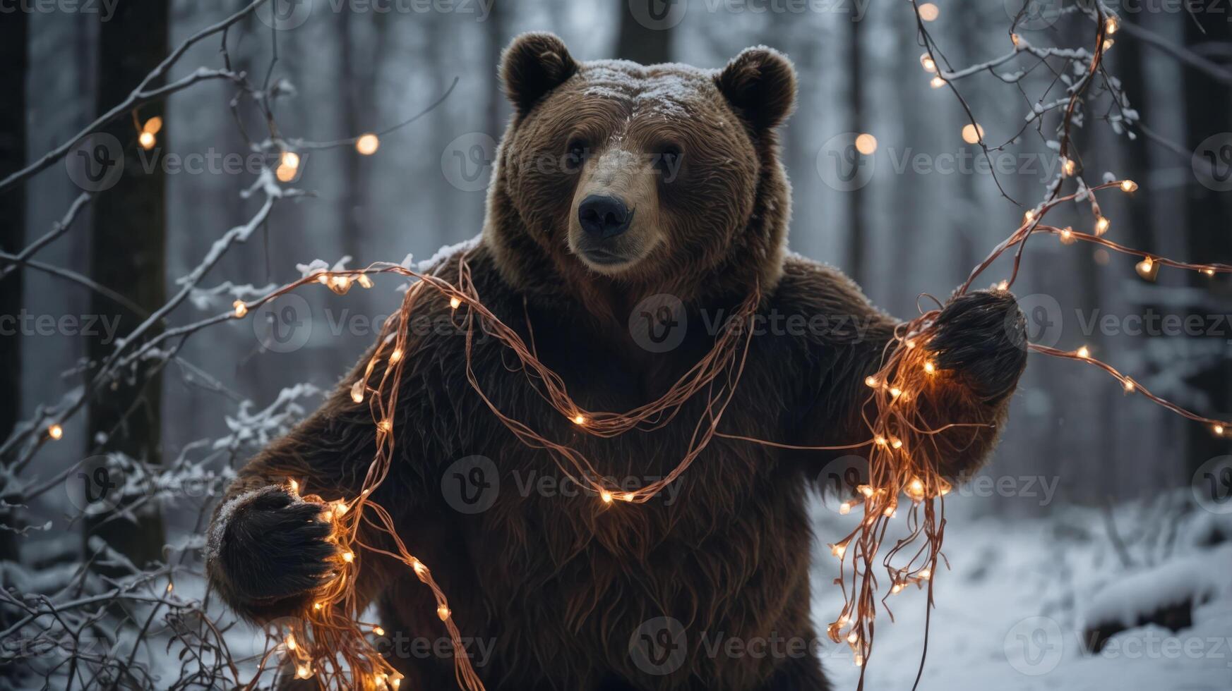 A bear adorned with glowing lights in a snowy forest setting. photo