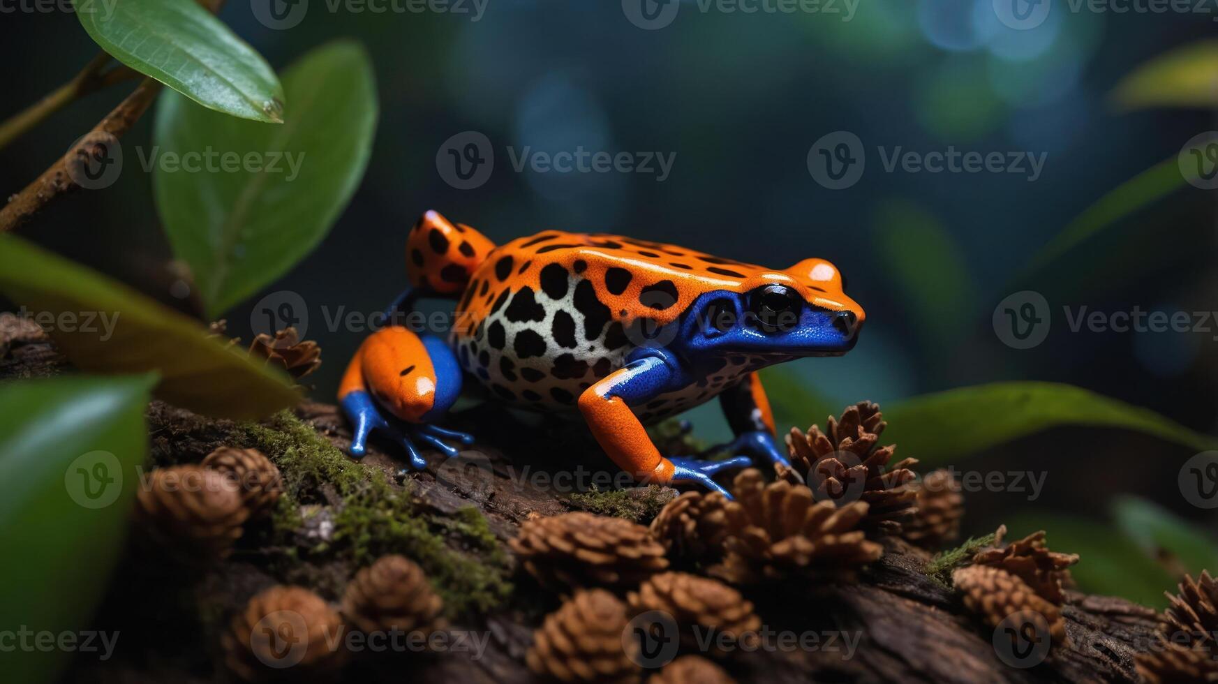 A vibrant poison dart frog perched on a mossy log amidst lush foliage. photo