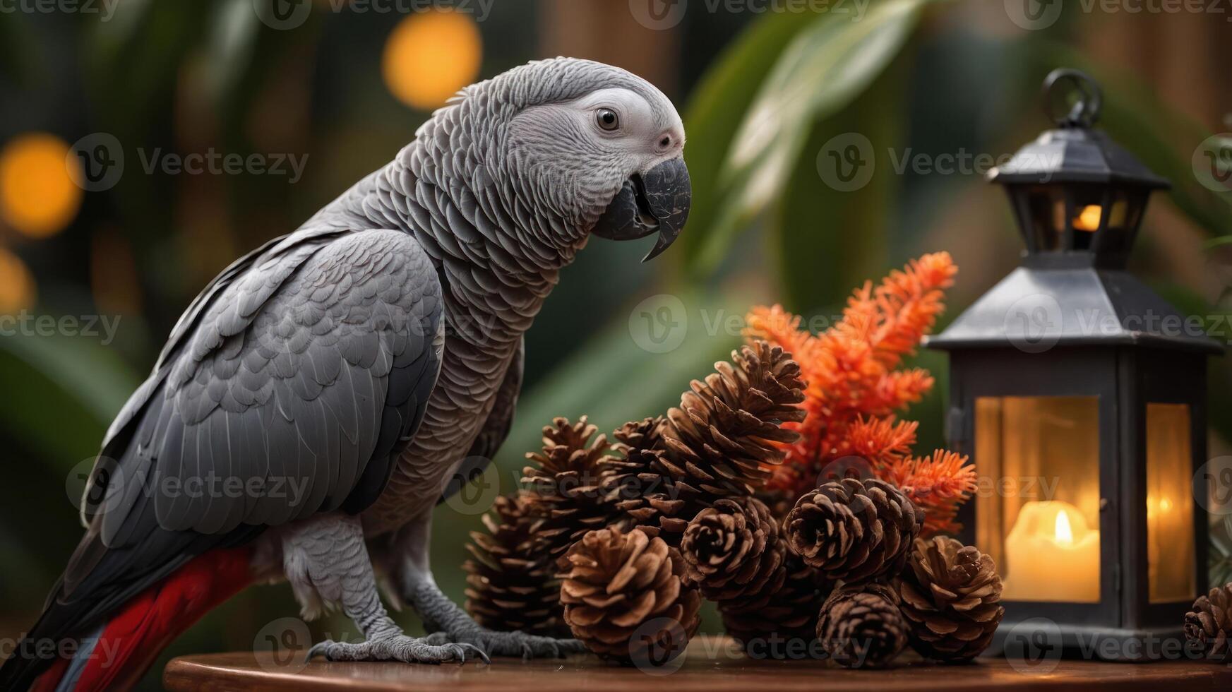 A gray parrot beside pinecones and a lantern, set in a cozy, natural environment. photo