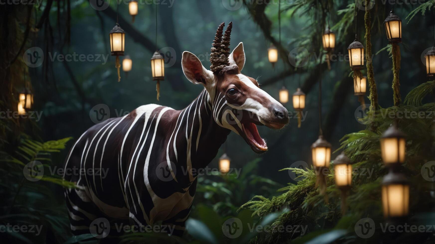 A vibrant scene featuring a striped animal amidst glowing lanterns in a lush forest. photo
