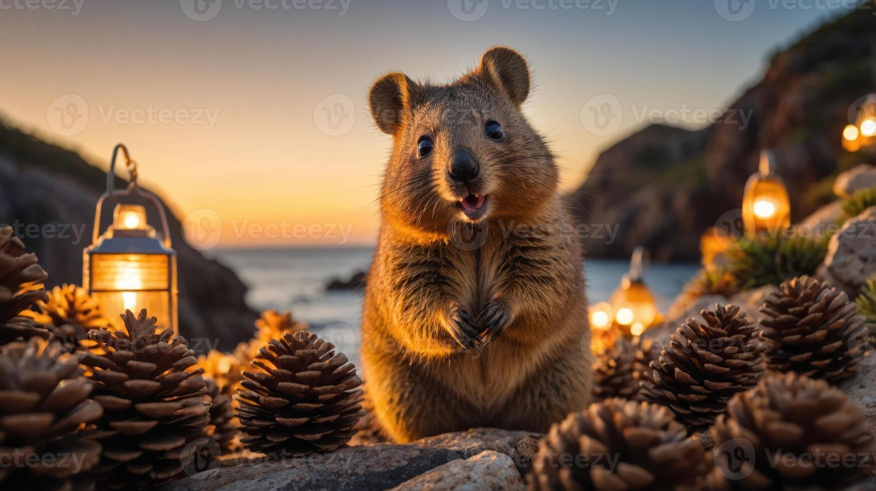 A happy quokka surrounded by pinecones and lanterns at sunset by the beach. photo
