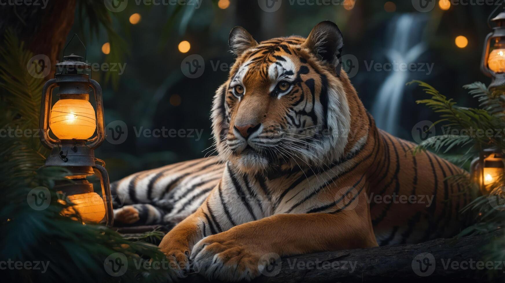 A majestic tiger rests in a lush, illuminated jungle setting with lanterns and a waterfall. photo