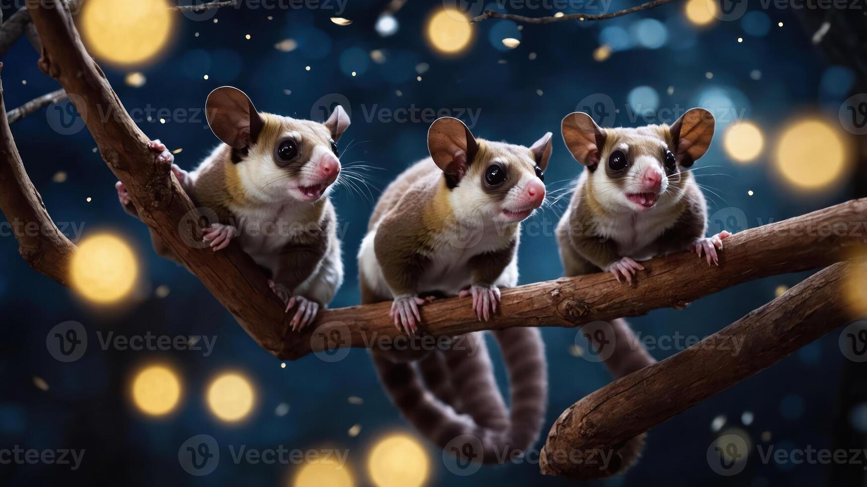 Three sugar gliders perched on branches under a starry night with glowing lights. photo