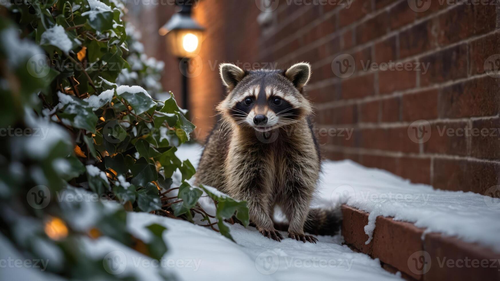 A raccoon stands on snow-covered ground near a brick wall, illuminated by a lamp. photo