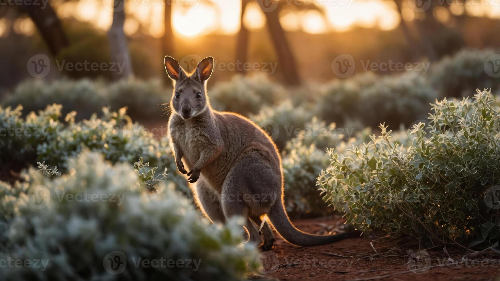 A kangaroo stands amidst flowering plants during a sunset in a natural landscape. photo