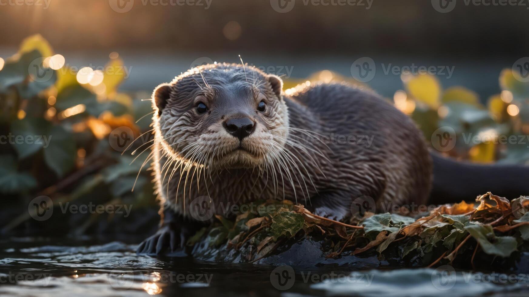 A curious otter perched on a mossy rock by the water, illuminated by soft sunlight. photo