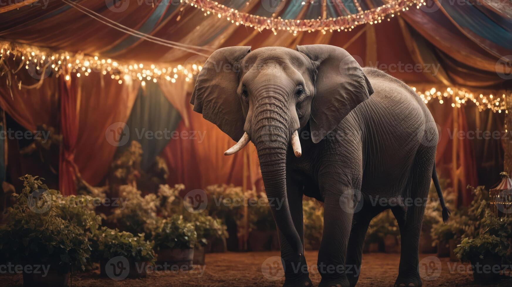 An elephant stands in a colorful circus tent adorned with lights and plants. photo