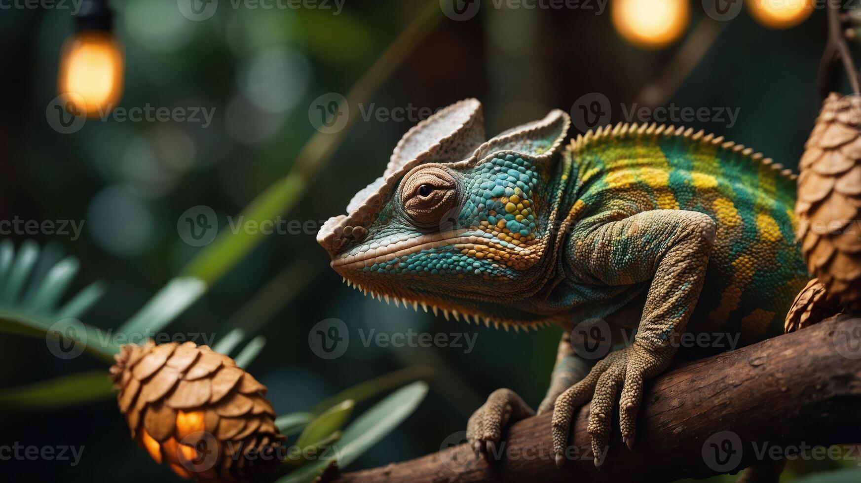 A colorful chameleon perched on a branch with pinecones and warm lights in a lush setting. photo