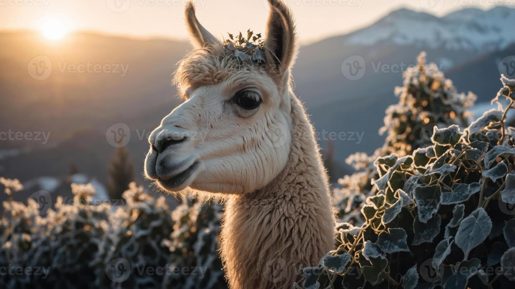 A llama stands among frosted plants at sunrise, showcasing nature's beauty. photo