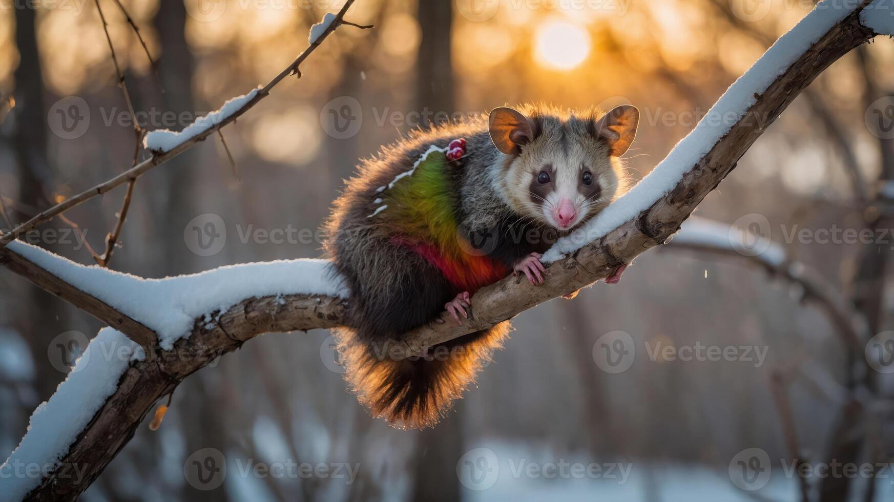 A colorful possum perched on a snow-covered branch during sunset. photo