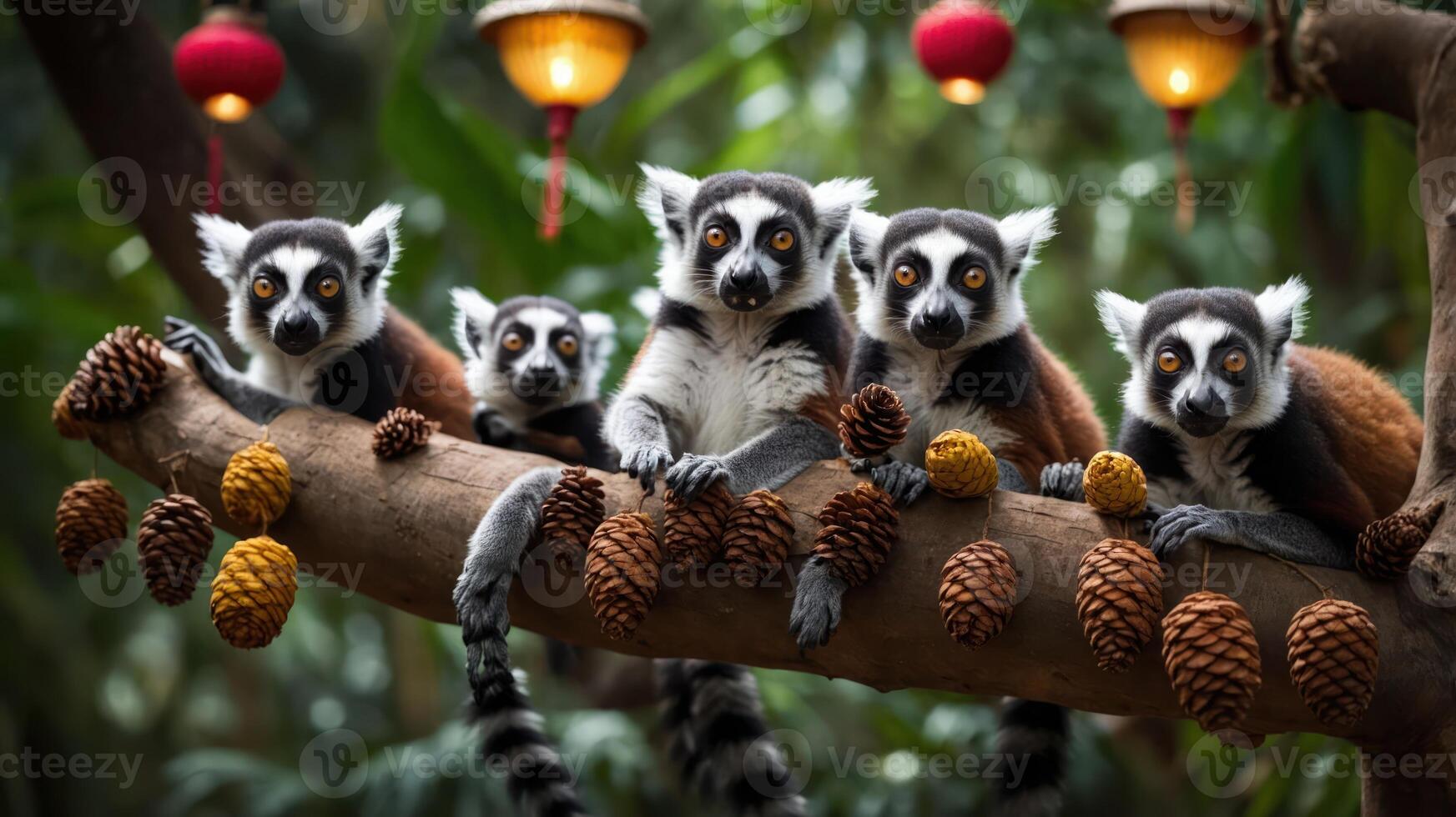 A group of lemurs perched on a branch surrounded by pine cones and festive decorations. photo