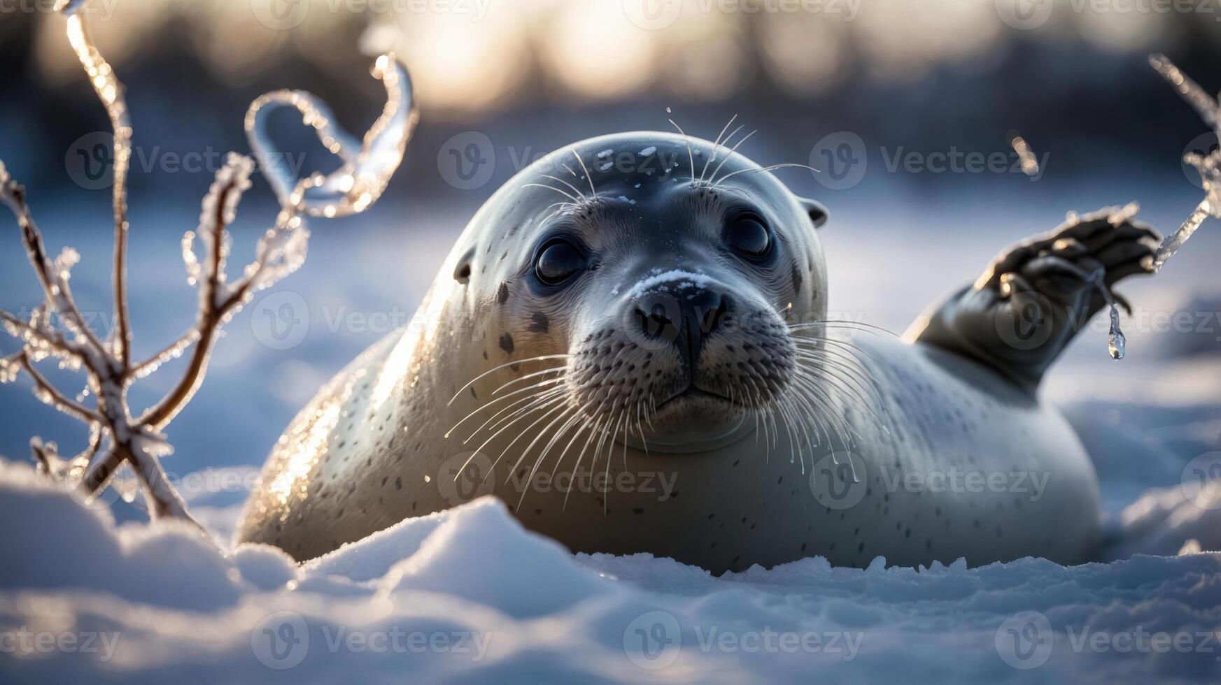 A seal resting on snow, illuminated by soft light, showcasing its features in a winter landscape. photo