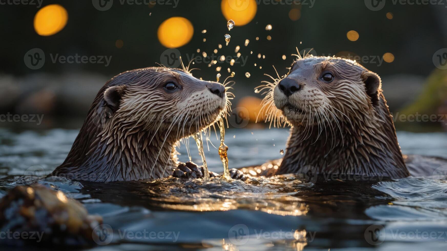 Two otters playfully interacting in water, creating splashes and a serene atmosphere. photo