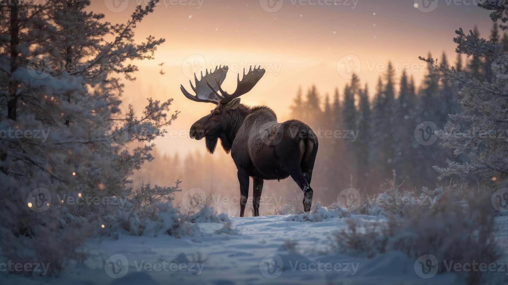 A majestic moose stands in a snowy landscape at dusk, surrounded by trees. photo