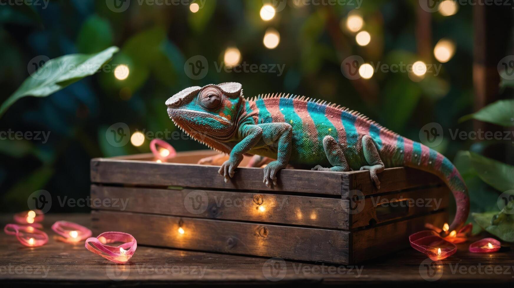 A colorful chameleon perched on a wooden crate surrounded by soft lights and pink hearts. photo