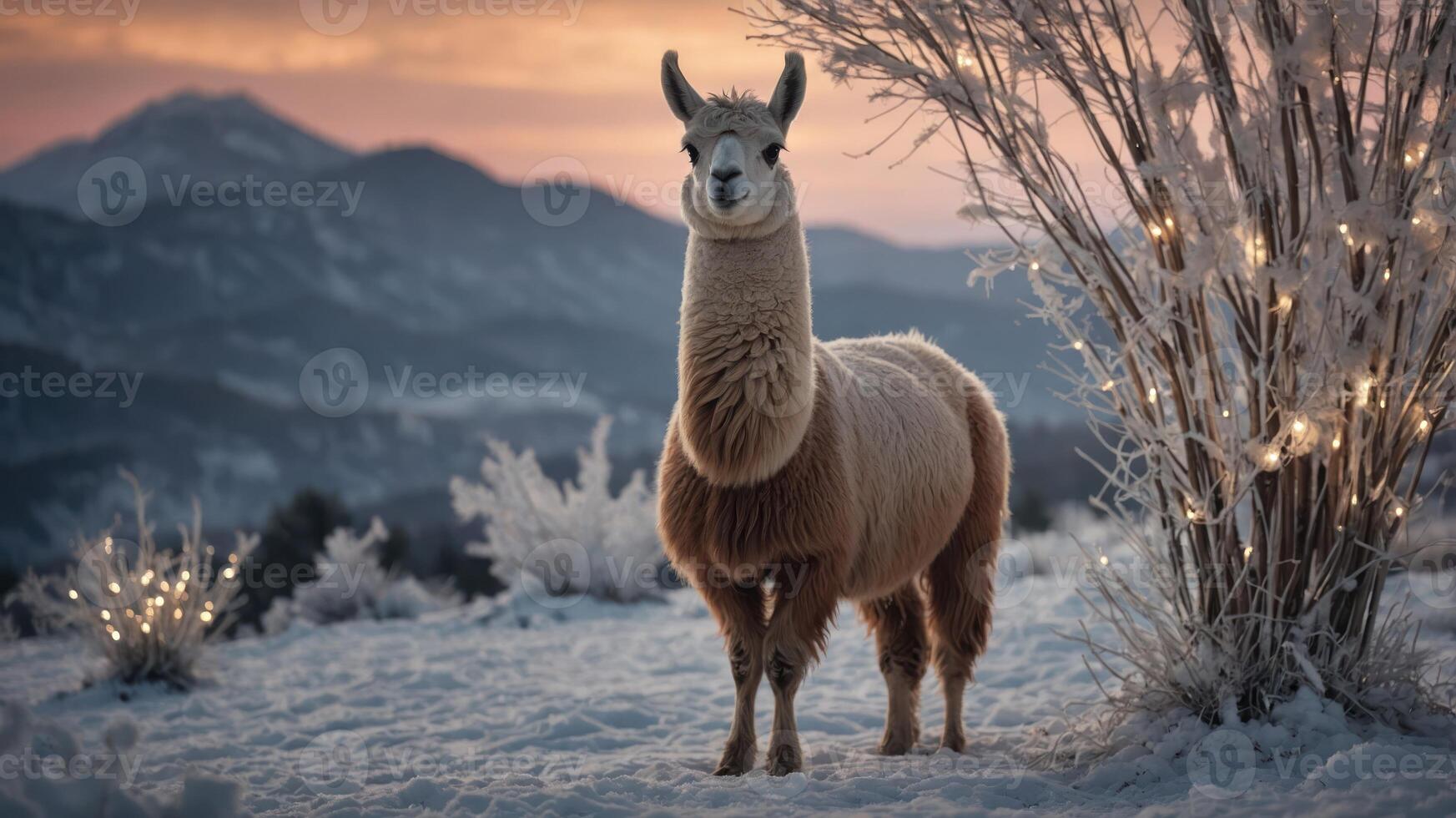 A serene llama stands in a snowy landscape at sunset, surrounded by frosty trees and lights. photo