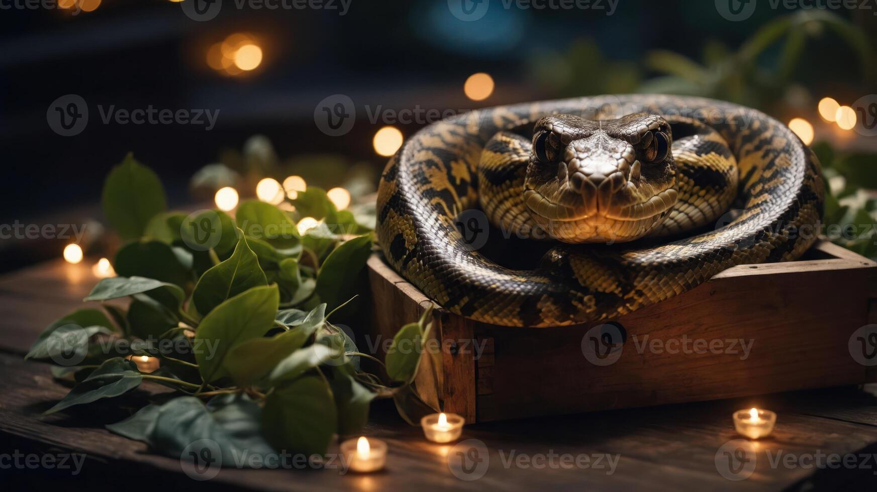A coiled snake resting in a wooden box surrounded by greenery and soft candlelight. photo