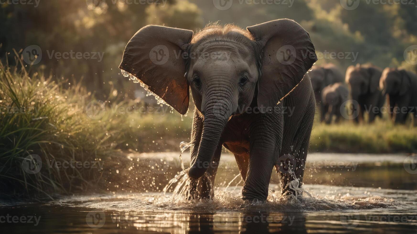 A young elephant splashes in a river, surrounded by nature and other elephants in the background. photo