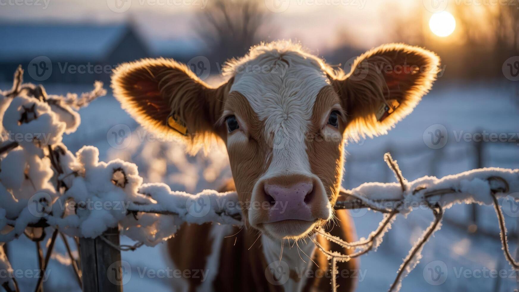 A close-up of a cow's face in a snowy landscape at sunset. photo