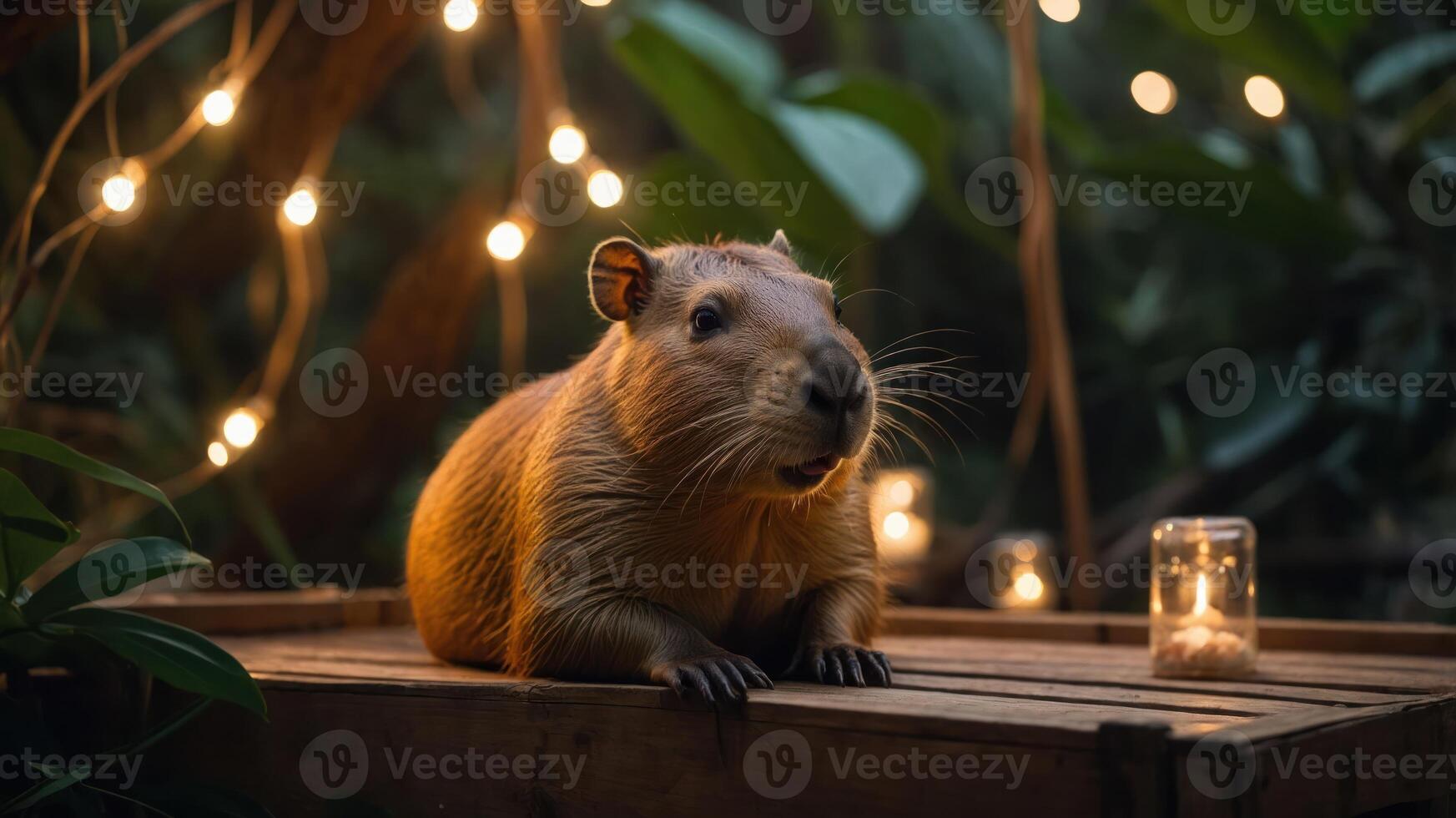 A capybara resting on a wooden surface, surrounded by soft lights and greenery. photo