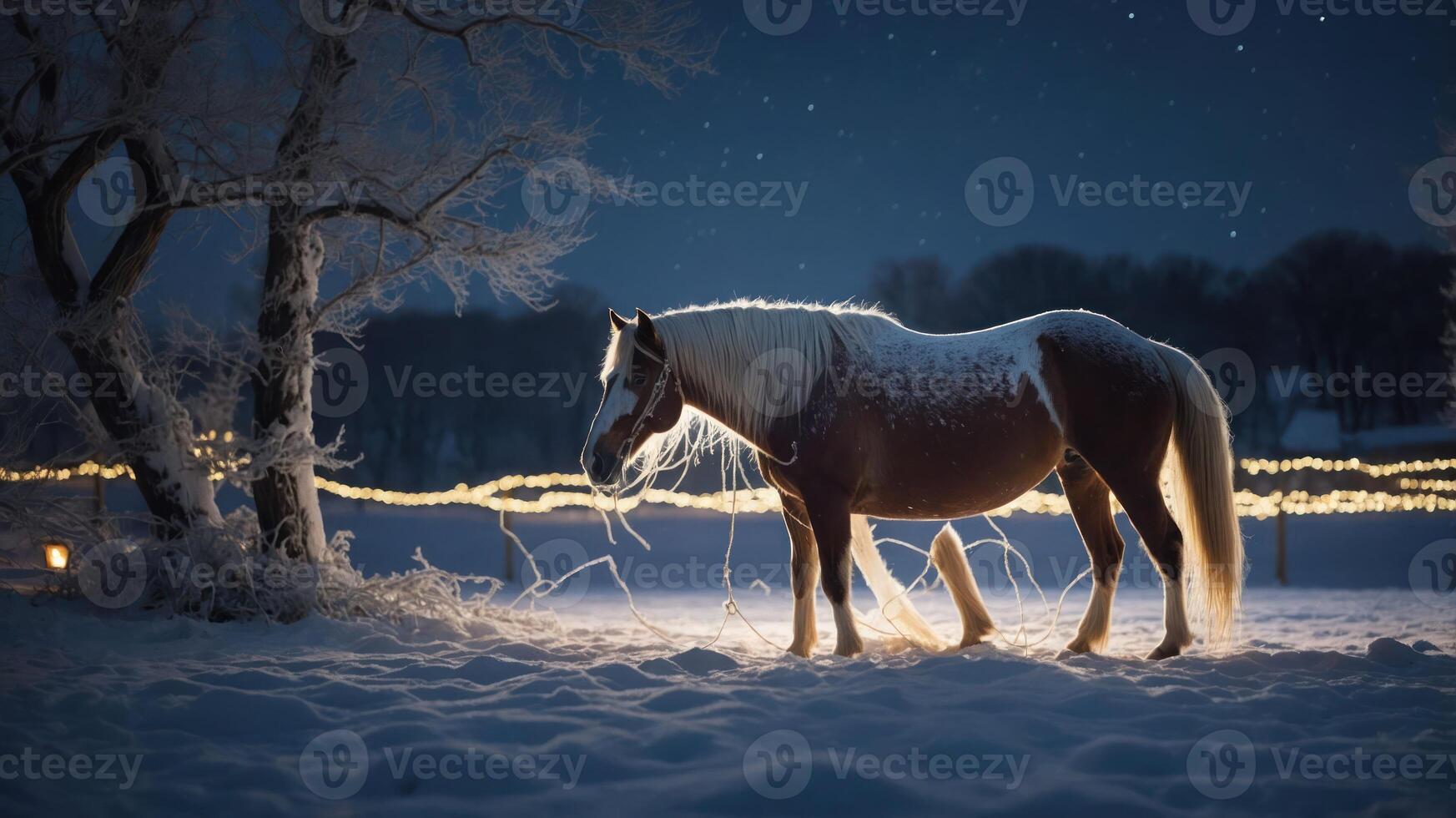 A horse stands in a snowy landscape illuminated by soft lights at night. photo