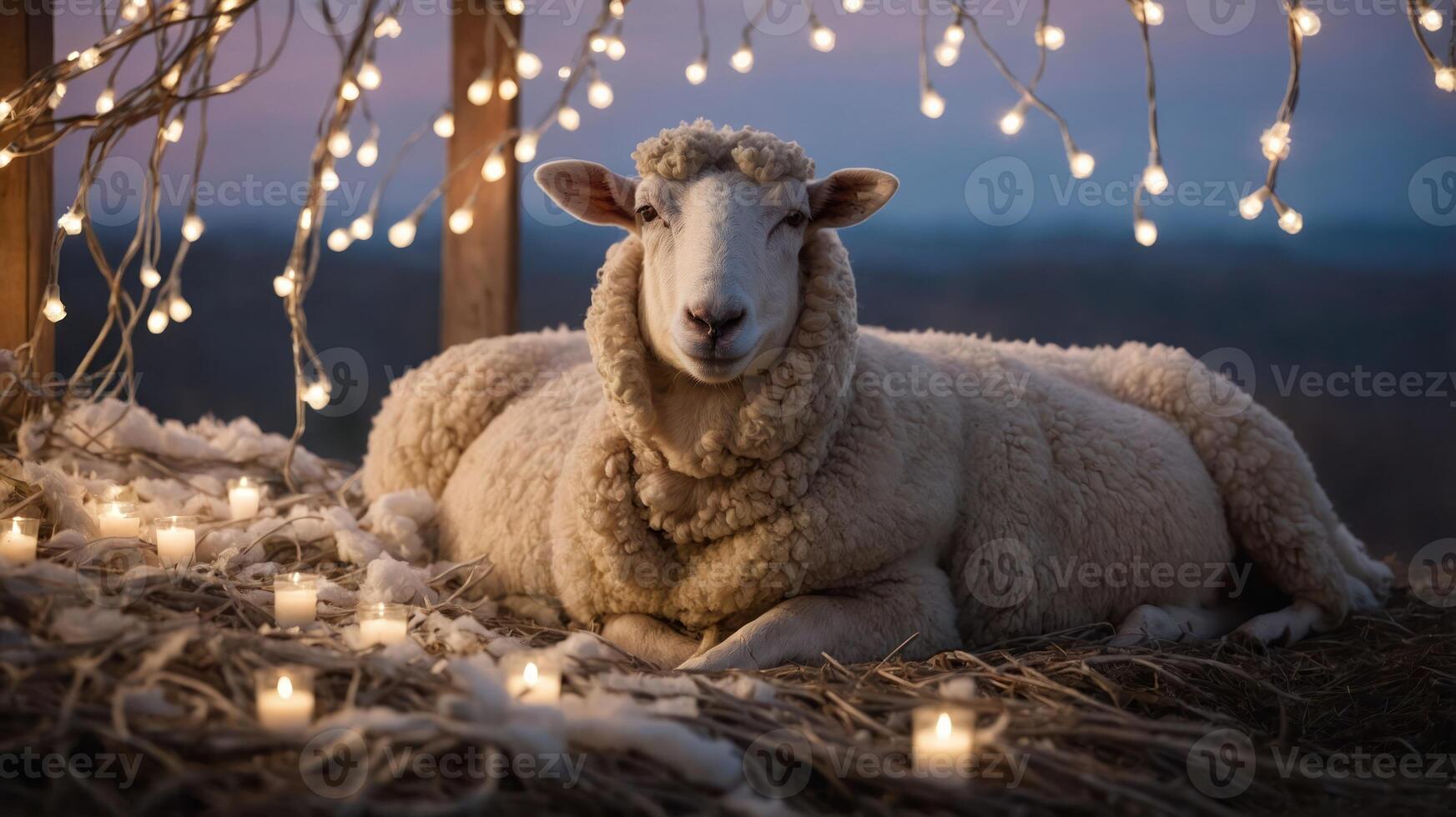 A serene sheep resting among candles and fairy lights, creating a tranquil atmosphere. photo