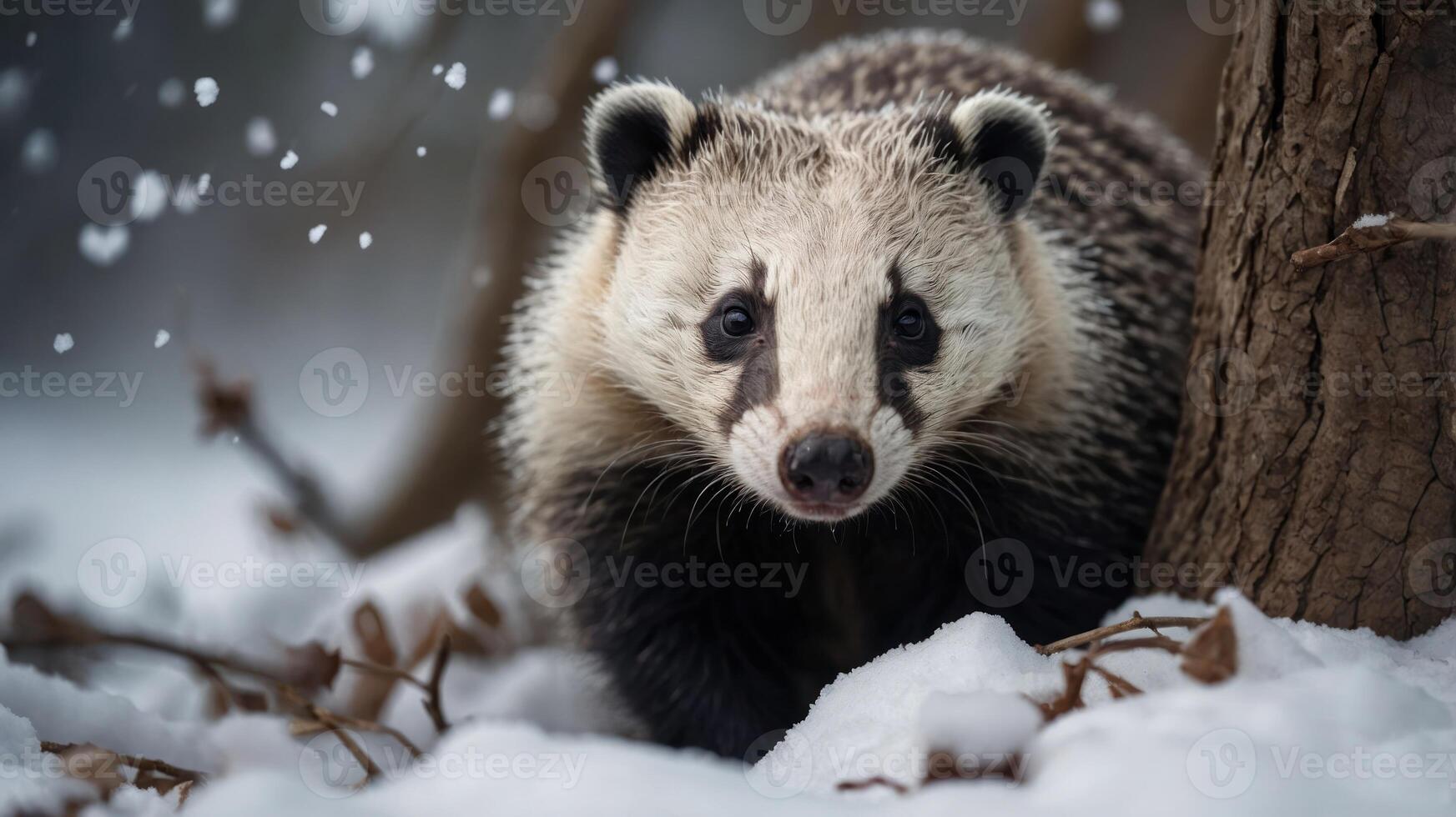 A close-up of a badger in a snowy environment, showcasing its natural habitat. photo