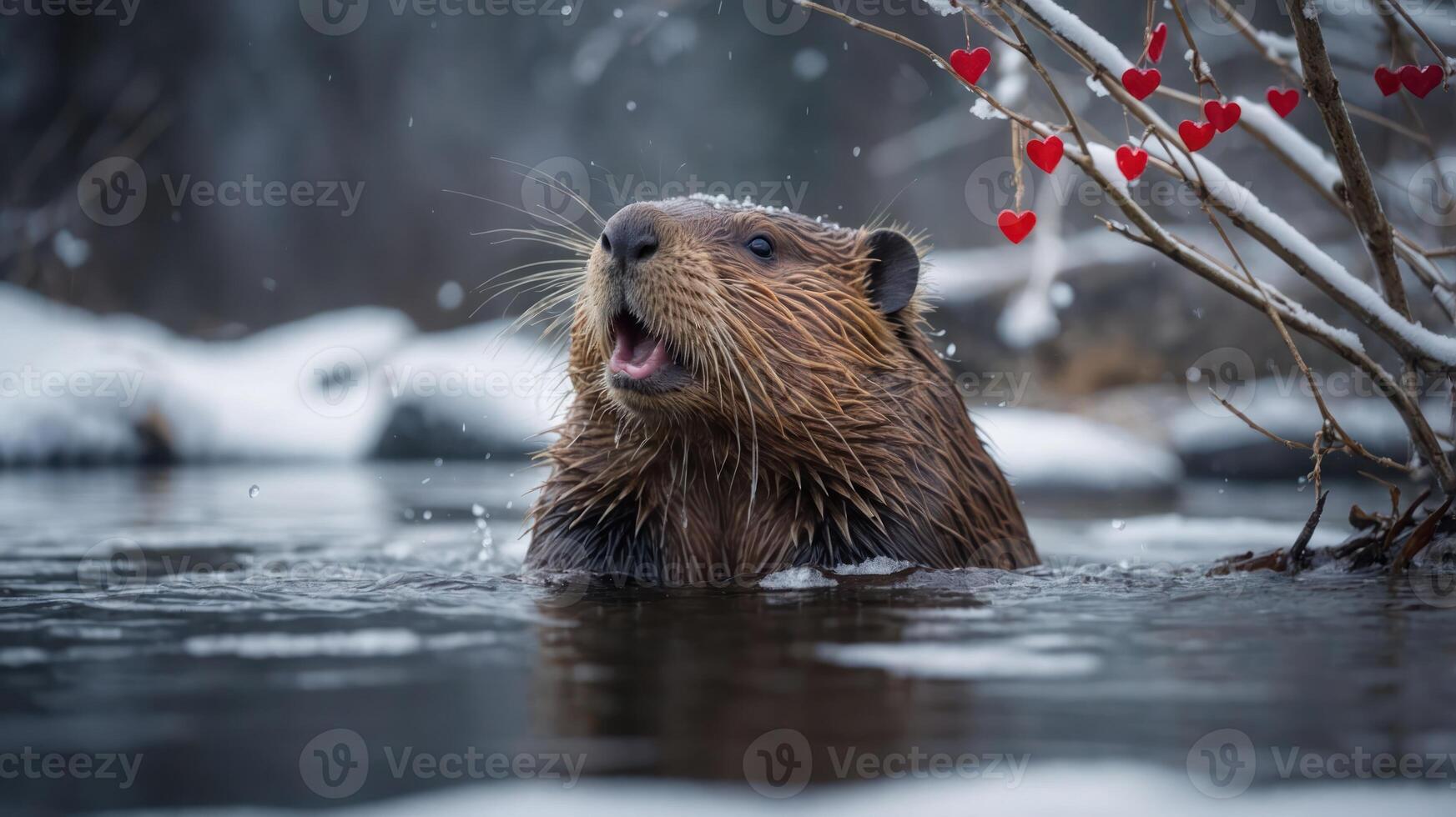A beaver splashes in a snowy environment, surrounded by heart-shaped decorations. photo