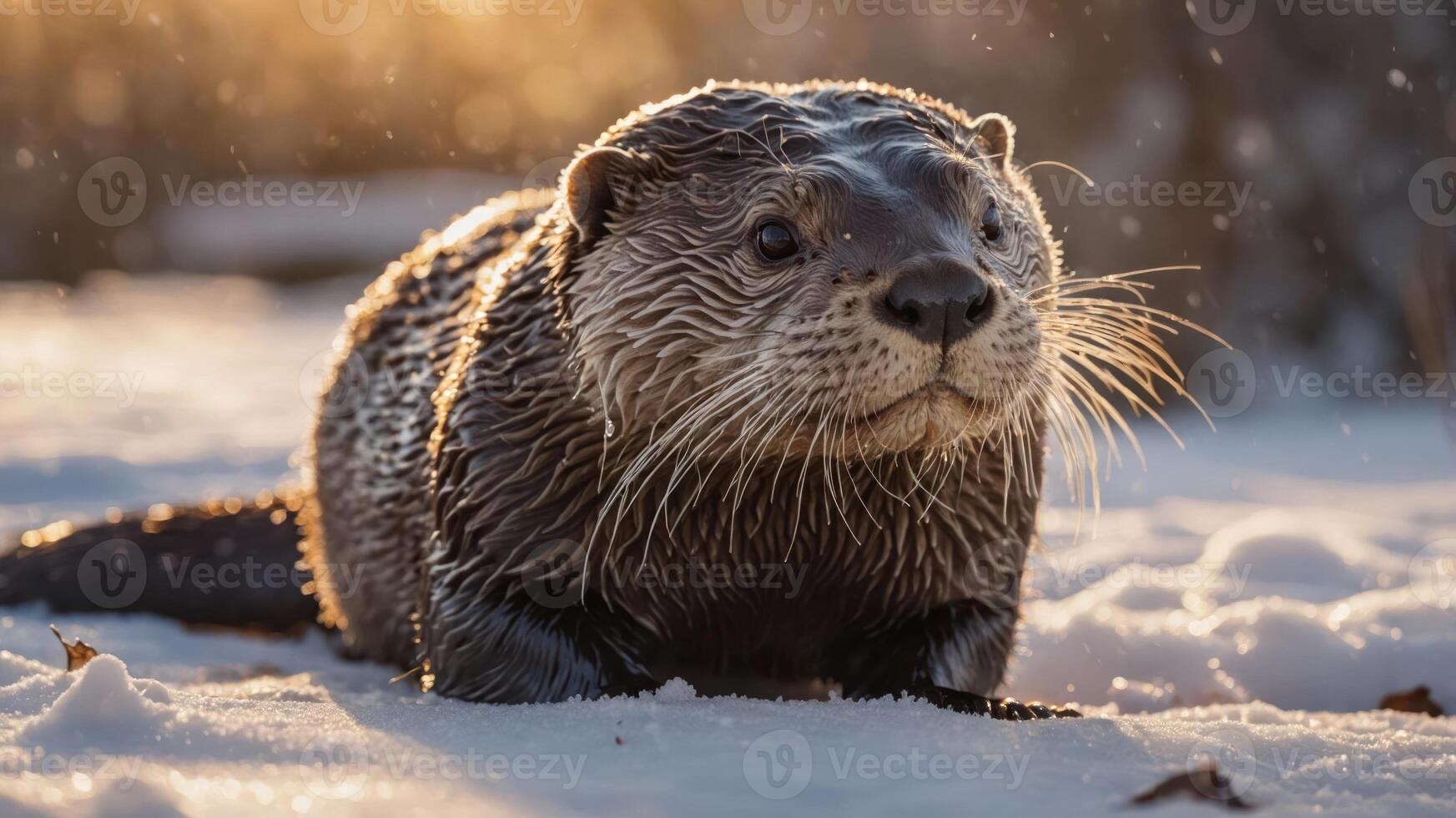 A playful otter emerging from the snow, showcasing its fur and whiskers in a winter setting. photo
