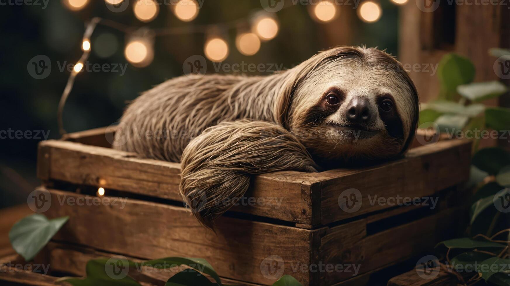 A sloth resting comfortably in a wooden crate, surrounded by greenery and soft lights. photo