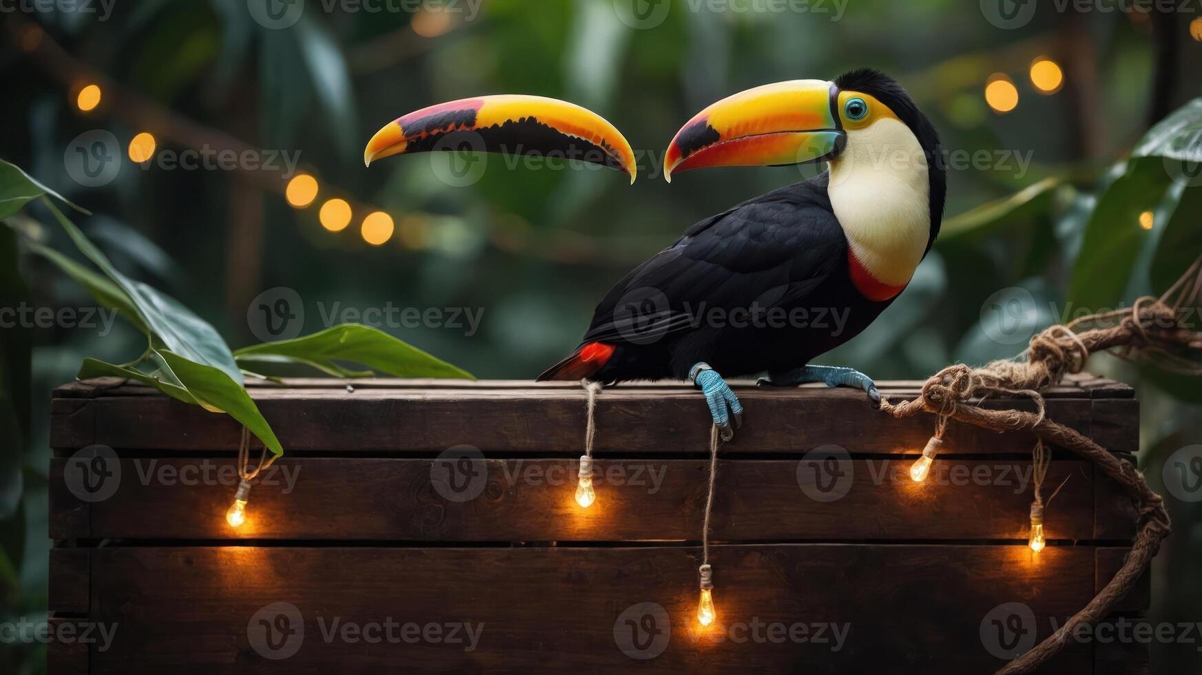 A colorful toucan perched on a wooden box surrounded by greenery and fairy lights. photo