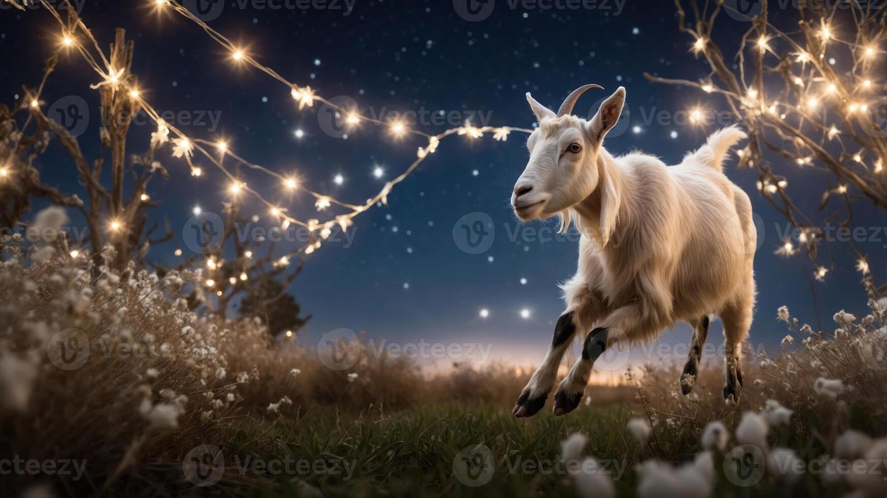 A goat joyfully leaps through a starry night, surrounded by twinkling lights in a serene landscape. photo