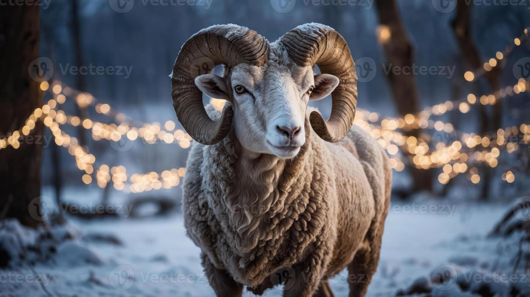 A majestic ram stands in a snowy landscape adorned with festive lights. photo