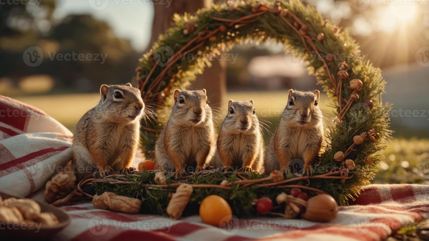 Four squirrels arranged in a wreath on a picnic blanket in a sunny outdoor setting. photo