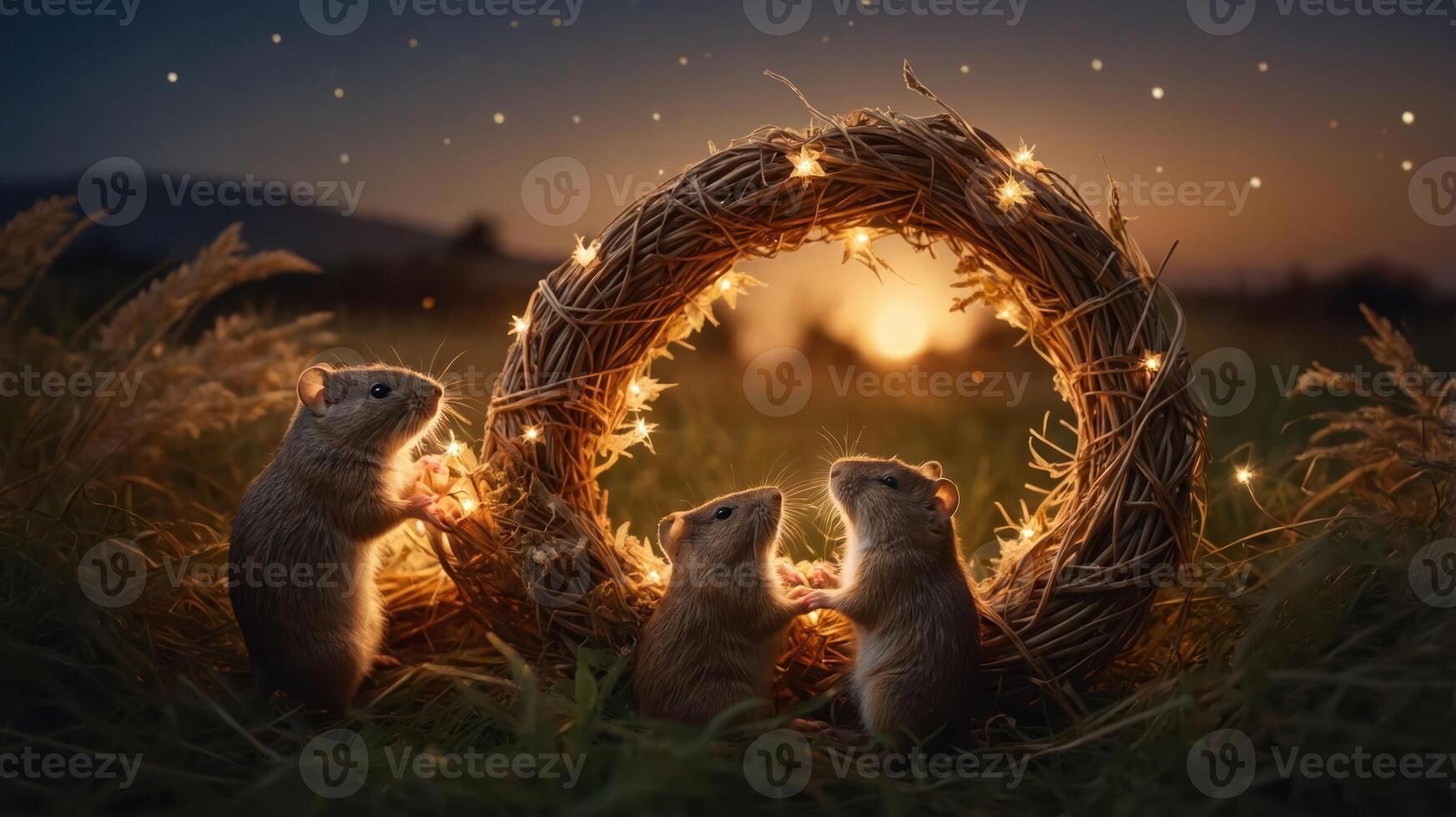 Three small rodents gather around a glowing wreath at sunset, creating a magical scene. photo
