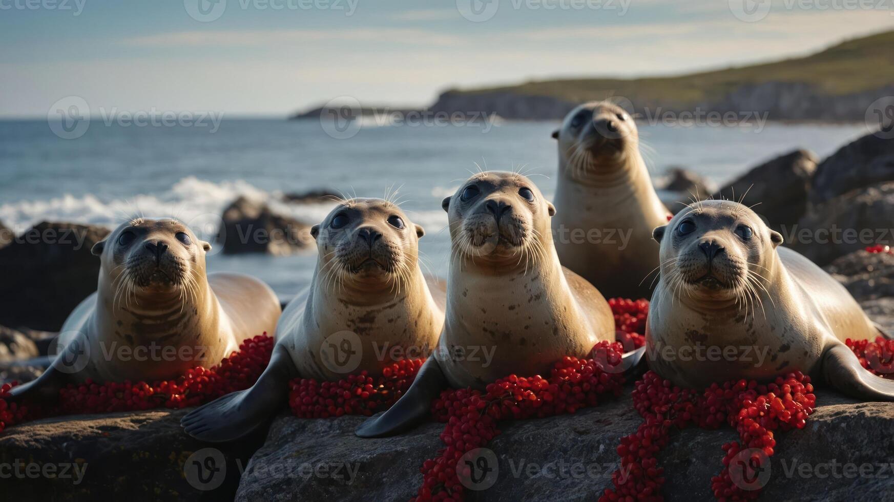 Five seals resting on rocks adorned with red seaweed by the ocean. photo