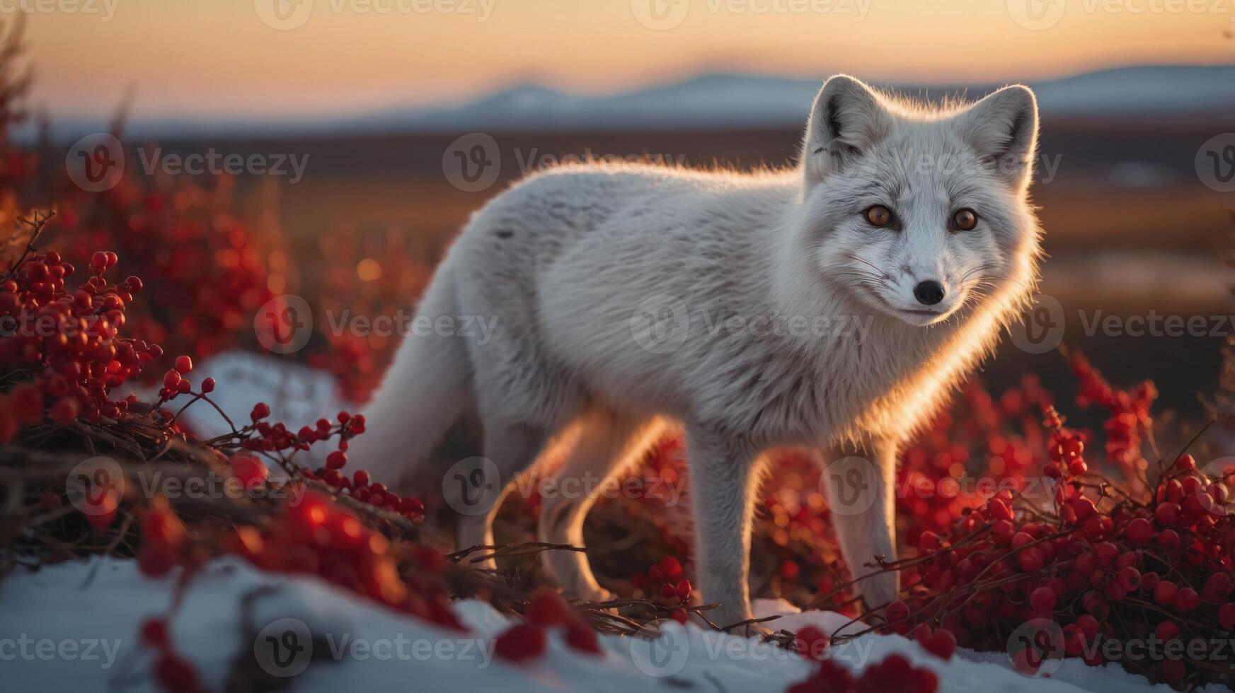 A serene arctic fox stands amidst vibrant red berries and snow at sunset. photo